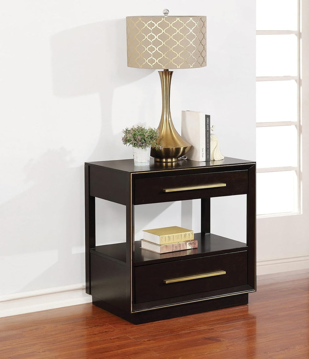 2 Drawers Nightstand with Shelf in Smoked Peppercorn Finish,for Small Spaces