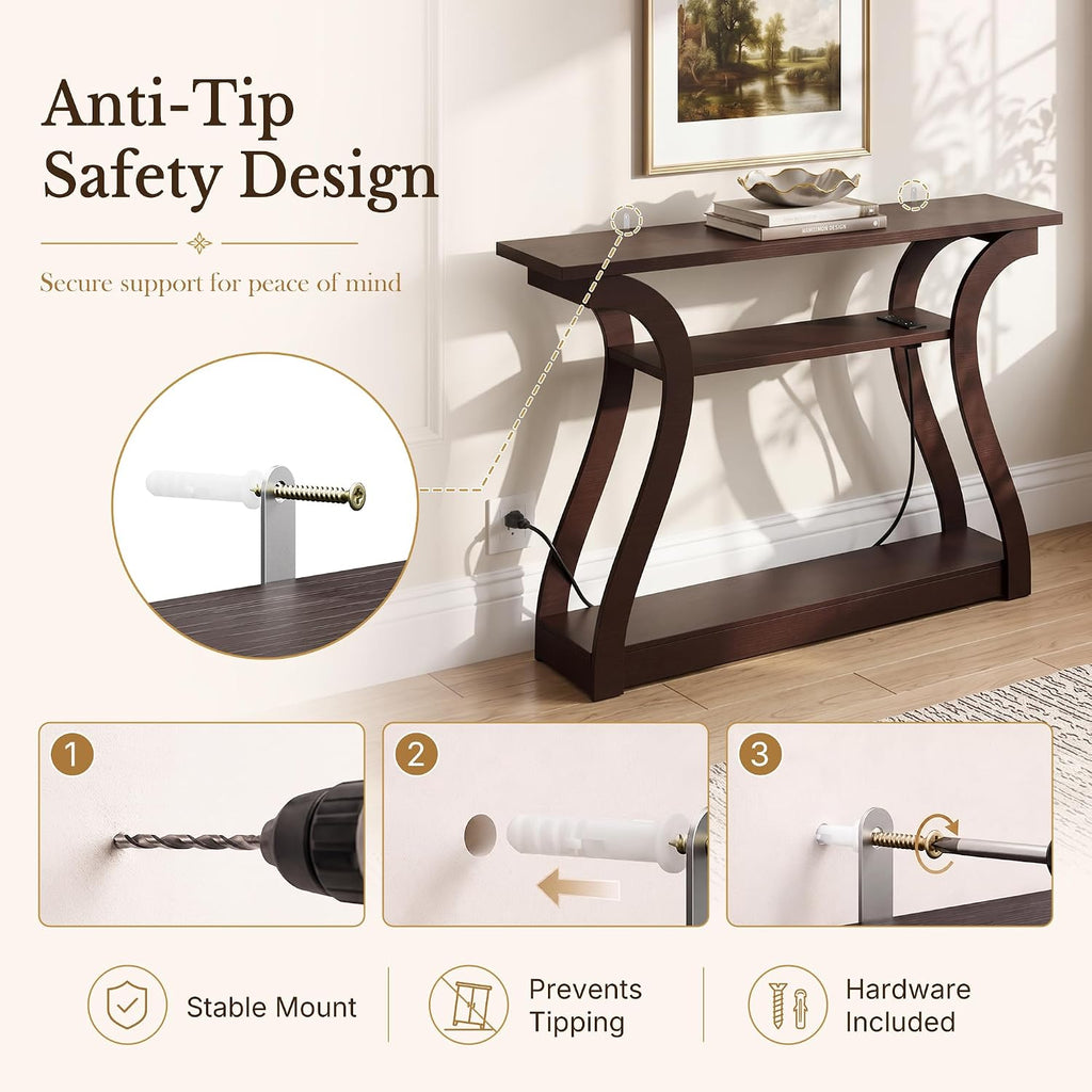 ZenStyle Wood Console Table with with Charging Station, 3 Tier Modern Accent Sofa Table for Entryway, Living Room, Hallway, 53 in Wide, Easy Assembly