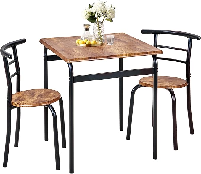 VECELO Dining Table Set for 2, 3-Piece Modern Dinette with Chairs for Small Space, Kitchen, Breakfast Nook, Brown