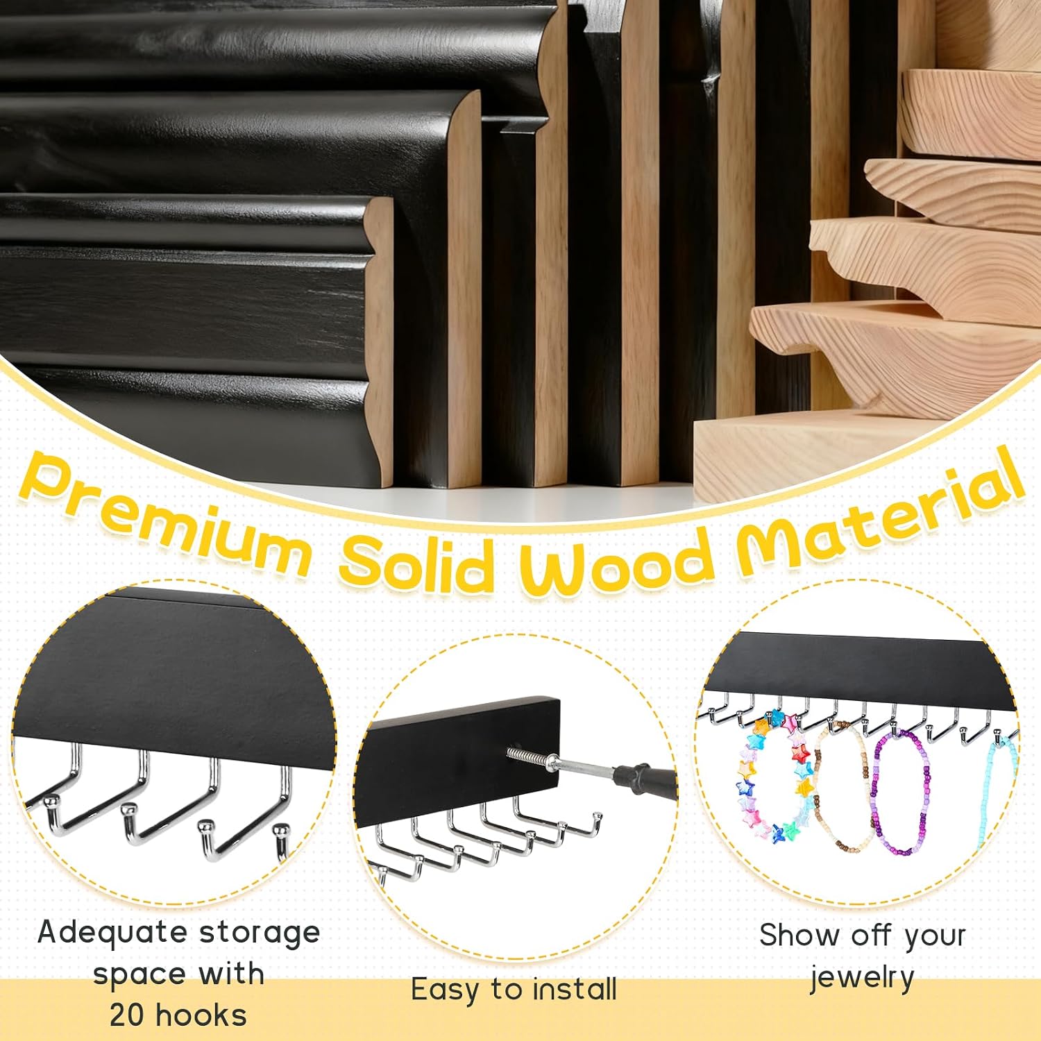 4 Pack Necklace Holder Wall Mount, Hanging Jewelry Organizer with 80 Hooks Total, Space Saving Wooden Necklace Holder for Wall, Necklace Organizer Hanger for Necklaces, Bracelets, Pendant