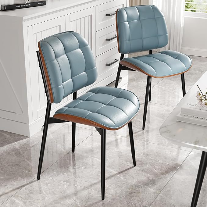 Dining Chairs Set of 2, Mid Century Modern Dining Room Chair with Thick Cushion, Upholstered Faux Leather Kitchen Chairs with Walnut Bentwood Back for Kitchen Dining Room, Blue
