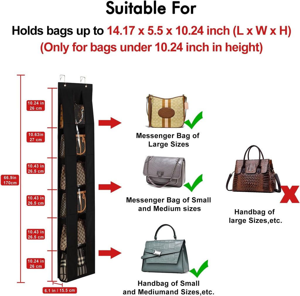 Lirex Over the Door Organizer, 2 Pack Handbag Storage with 6-Tier Space-Saving for Door or Closet, Handbag Hanger, Black