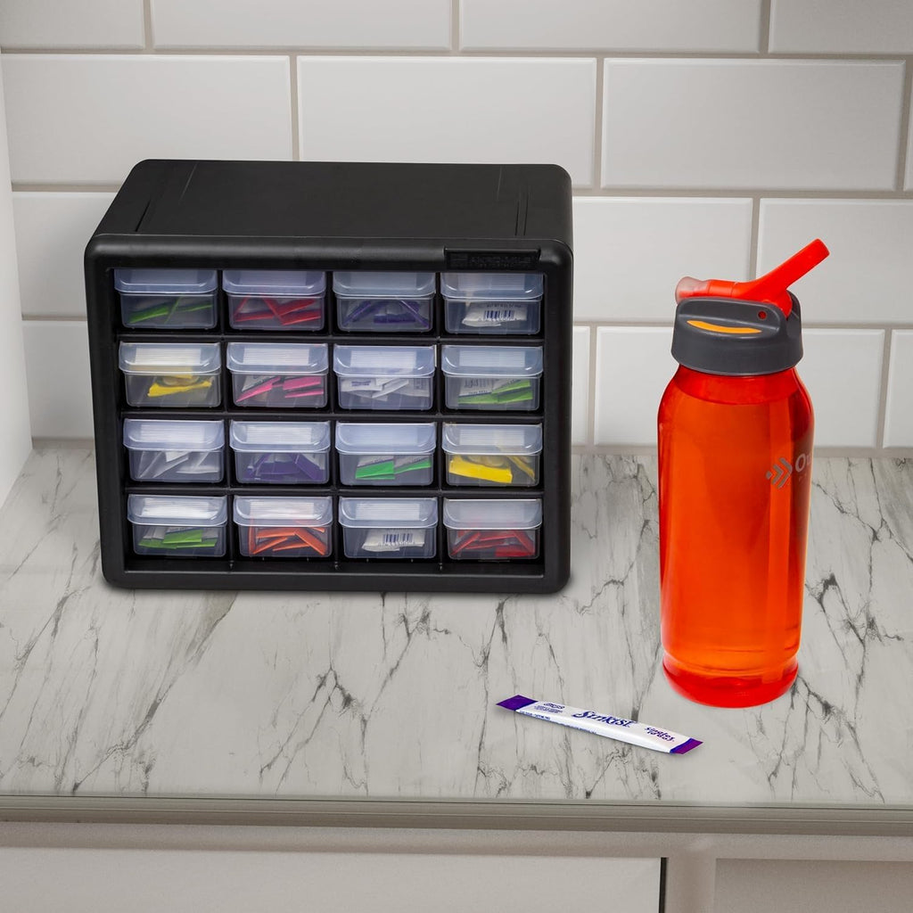 Akro-Mils 16-Drawer Plastic Cabinet for Garage Organization, Beads, Makeup Organizer, Building Bricks Storage, Teacher Toolbox, 10-1/2" W x 6-1/2" D x 8-1/2" H, 10716 Black (Pack of 4)