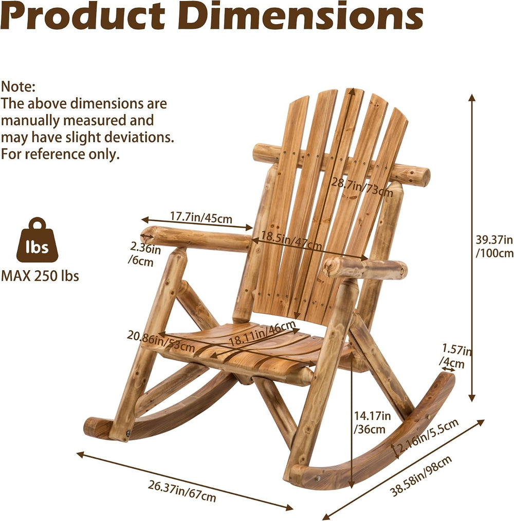 DJL Wooden Rocking Chair Log Outdoor Rocker Outside Patio Lawn Furniture Livi...