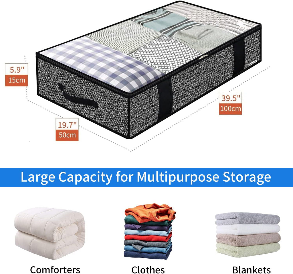 Onlyeasy Foldable Underbed Bags - 2 Pack Blankets Clothes Comforters Storage Bag Breathable Zippered Organizer for Bedroom with Clear Window and 4 Handles, 100 x50 x15cm, Linen-Like Black, MXAUBBP2