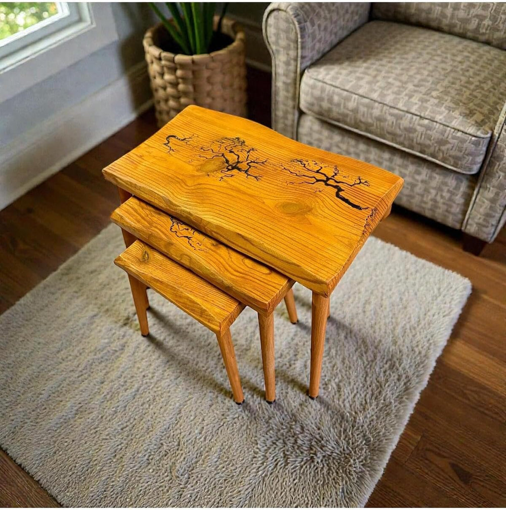 SODEF Handmade Oak Series Nesting Side Table Set - 3 Piece Retro Style Wood T...