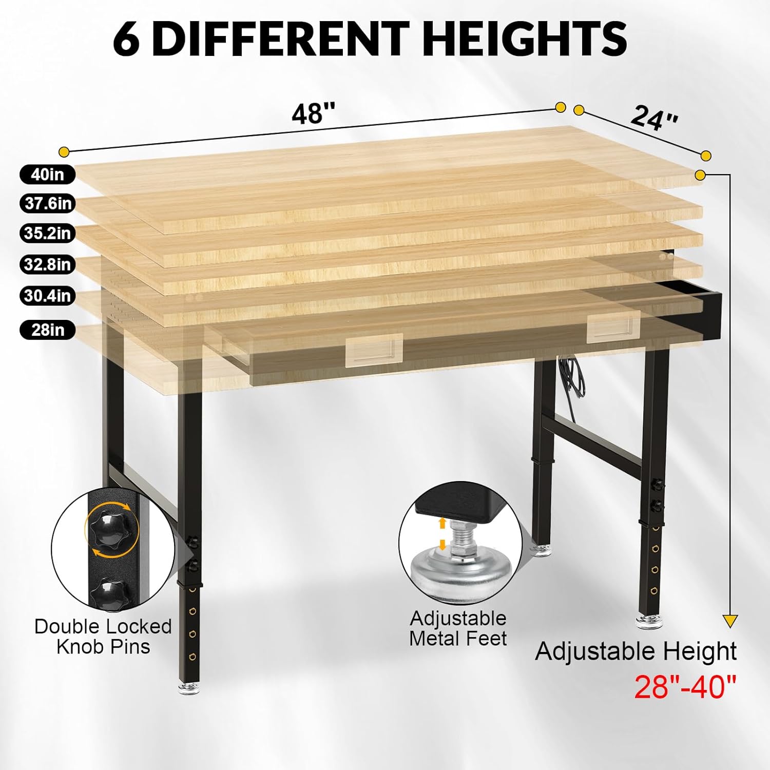 48" Workbench for Garage with Drawers Rubberwood Tabletop Work Table with Pegboard, Power Outlets Adjustable Height Work Bench for Office, Woodworking Shop, Home