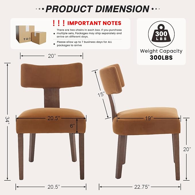 HNY Mid Century Modern Dining Chairs, Velvet Fabric Farmhouse Upholstered and Curved Backrest Kitchen Accent Chairs Set of 4, with Hardwood Frame, Burnt Caramel