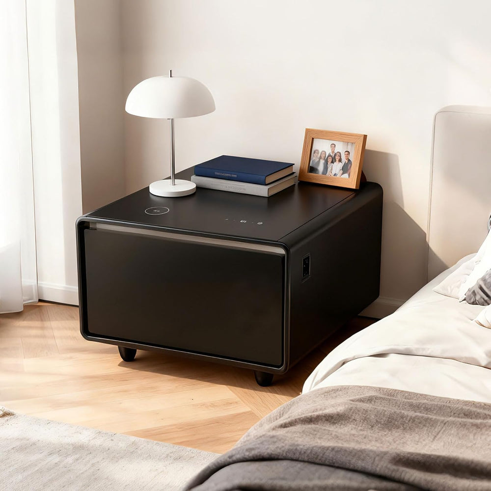 Modern Smart Side Table with Built-in Fridge Drawer (37-46°F), 15W Wireless C...