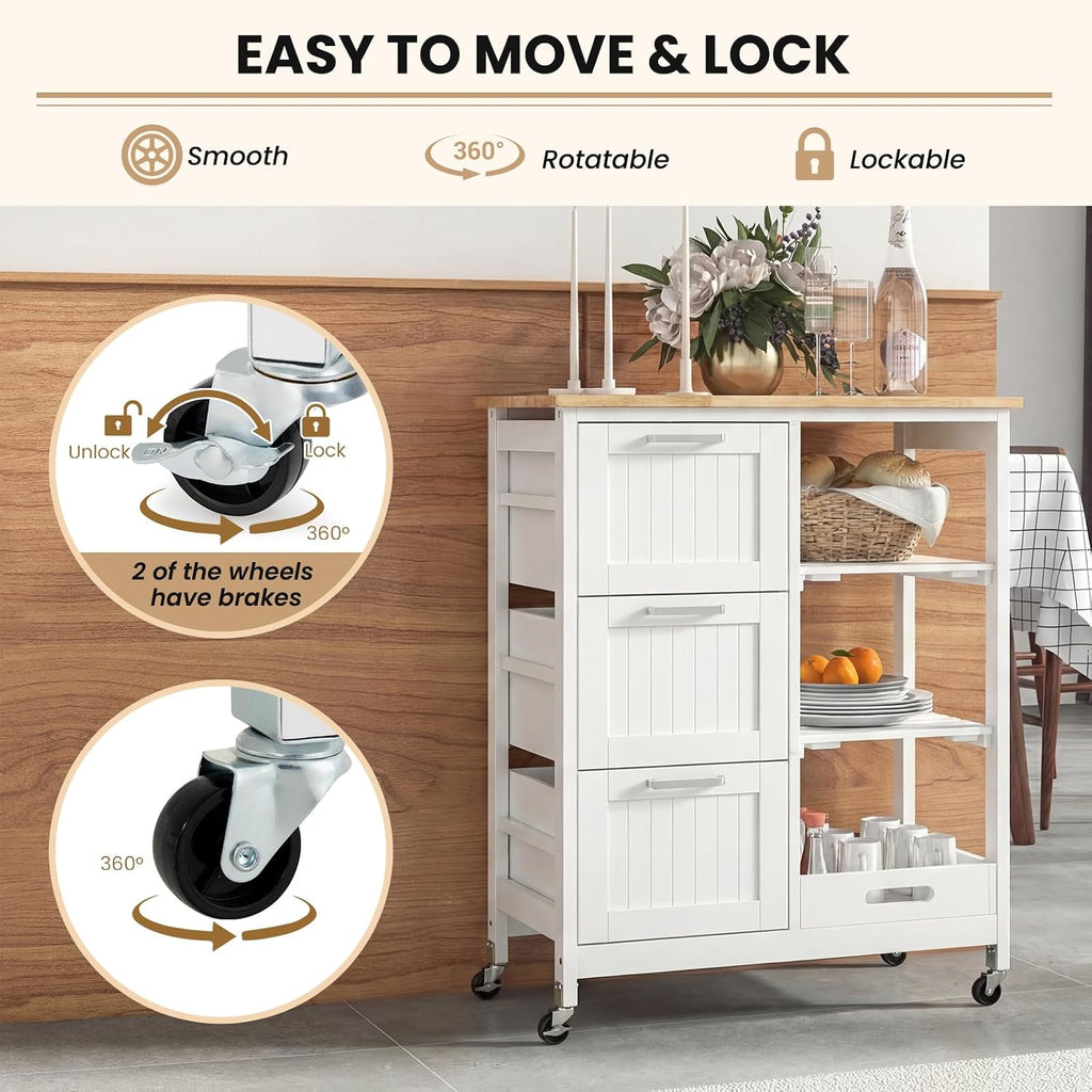 Giantex Kitchen Island Cart on Wheels, Rolling Utility Cart w/Rubber Wood Top, 3 Storage Drawers & 2 Removable Shelves & Removable Tray, Lockable Casters, Serving Cart for Dining Room, Bar, White