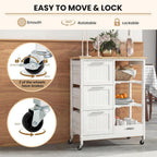 Giantex Kitchen Island Cart on Wheels, Rolling Utility Cart w/Rubber Wood Top, 3 Storage Drawers & 2 Removable Shelves & Removable Tray, Lockable Casters, Serving Cart for Dining Room, Bar, White