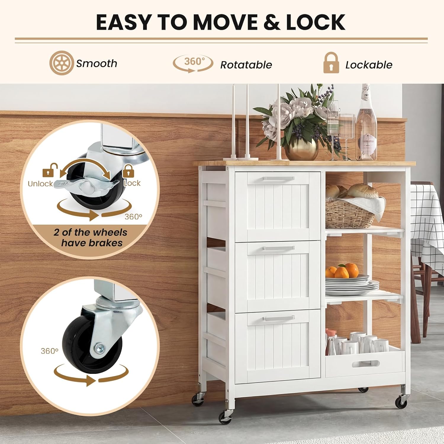 Giantex Kitchen Island Cart on Wheels, Rolling Utility Cart w/Rubber Wood Top, 3 Storage Drawers & 2 Removable Shelves & Removable Tray, Lockable Casters, Serving Cart for Dining Room, Bar, White