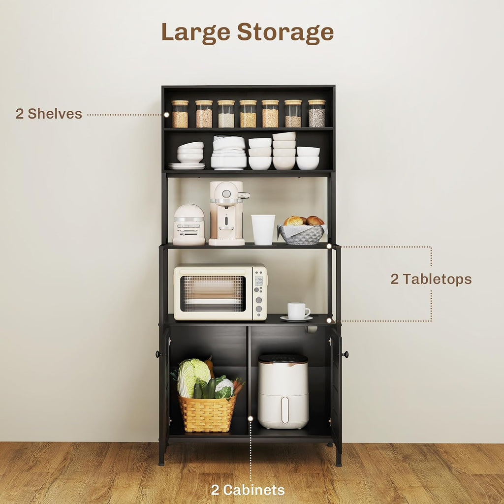 HOMCOM Kitchen Bakers Rack with Power Outlet, Coffee Bar Cabinet, Black | Microwave Stand, Storage Shelves, Louvred Door Cabinets, 31.5" x 16.5" x 67.3"