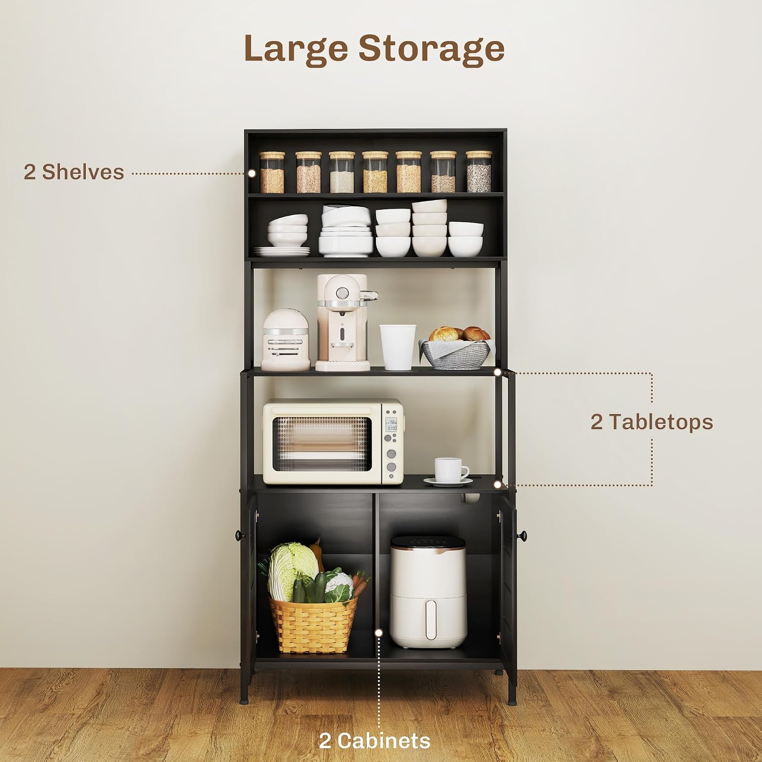 HOMCOM Kitchen Bakers Rack with Power Outlet, Coffee Bar Cabinet, Black | Microwave Stand, Storage Shelves, Louvred Door Cabinets, 31.5" x 16.5" x 67.3"
