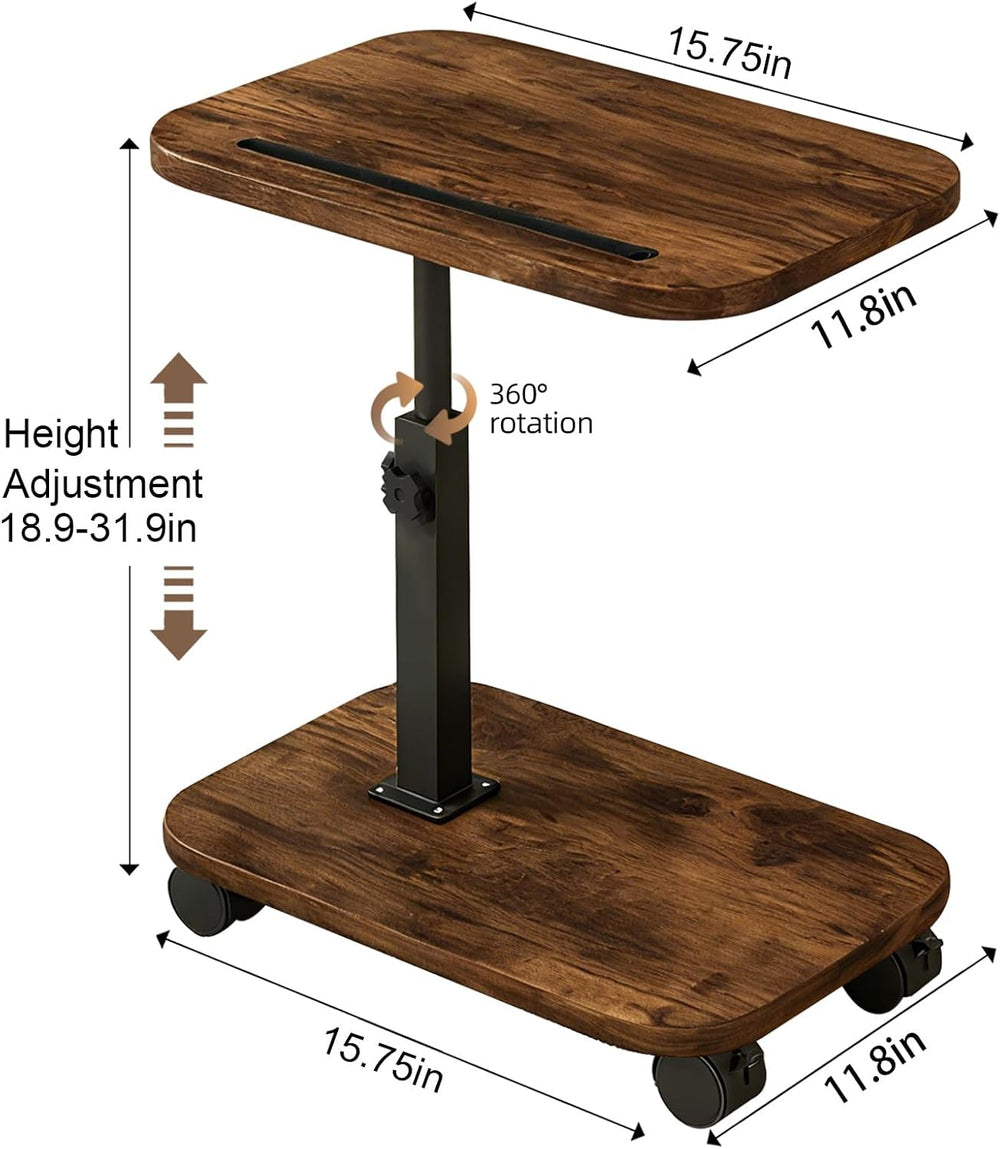 Adjustable TV Tray Side Table 360°Swivel Rolling, Rustic Brown | Adjustable H...