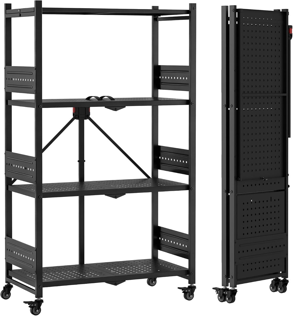 WORKPRO 4-Tier Folding Shelf, No-Assembly Metal Storage Rack with Wheels, 600...
