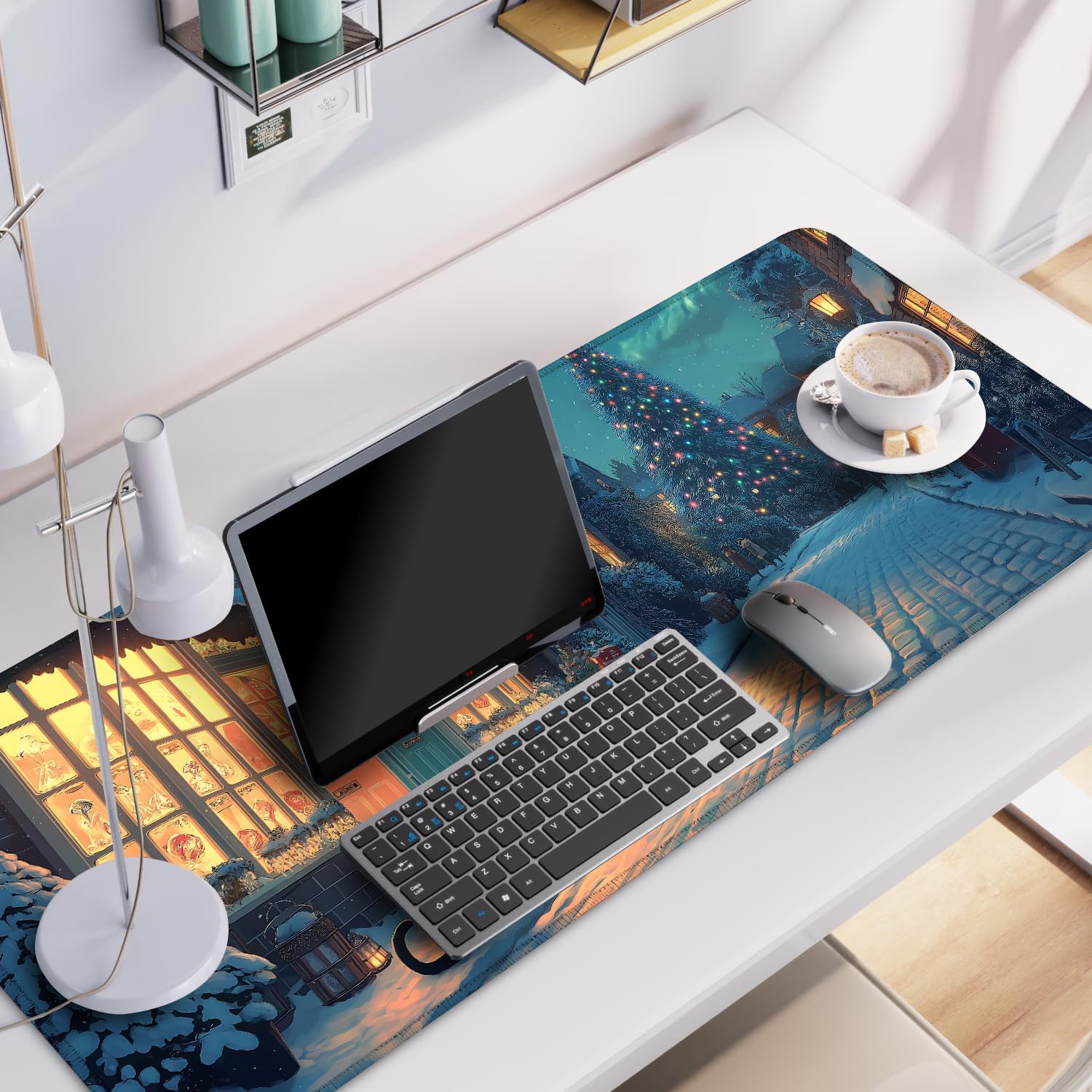 Christmas Winter Village Mouse Pad – 31.5" x 11.8" Large Extended Desk Mat with Black Cat and Christmas Tree Scene – Cozy Holiday Design, Non-Slip Base, Smooth Surface for Home & Office