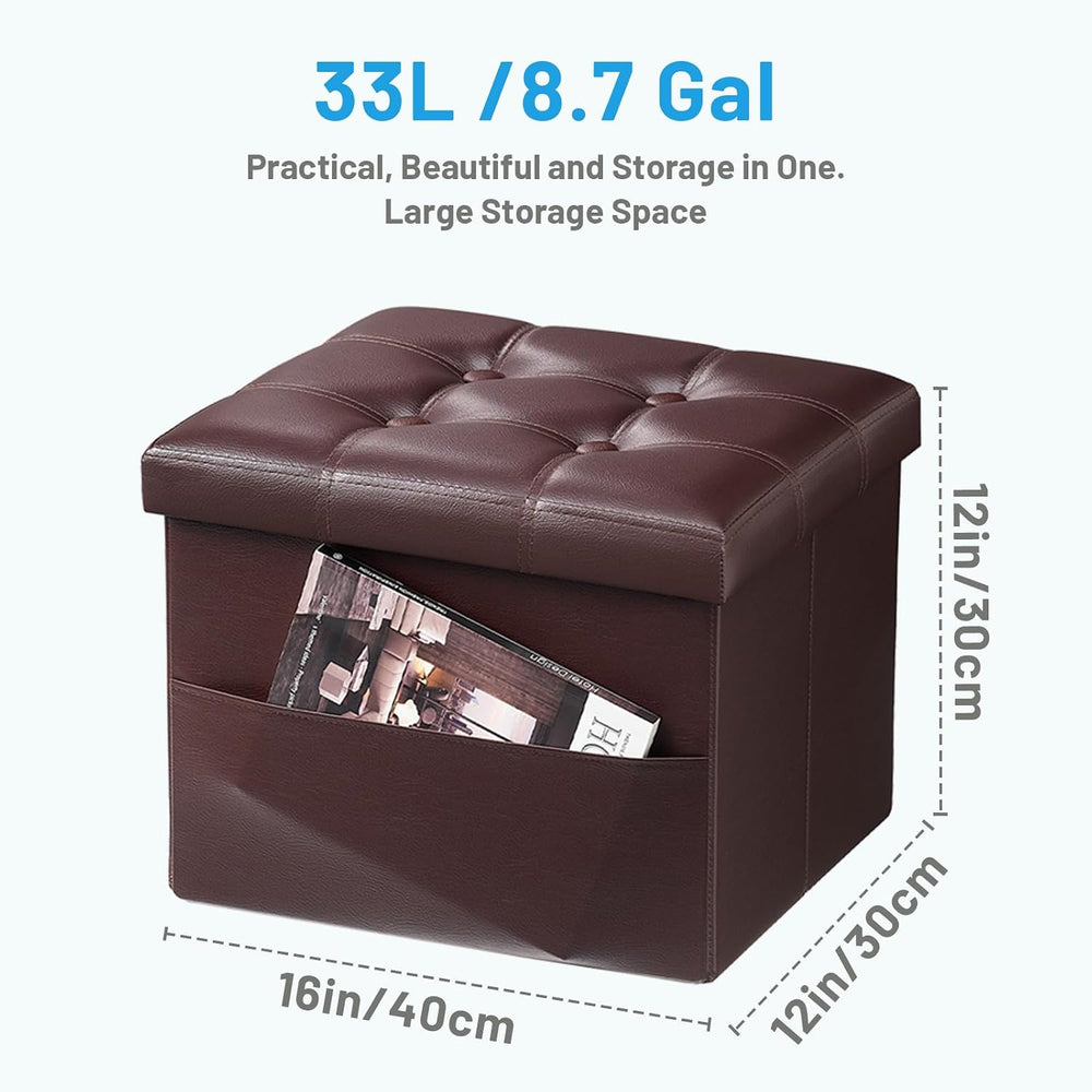 Bsketa Storage Ottoman Bench, 16" Folding Leather Foot Rest, Brown 2 Pac...