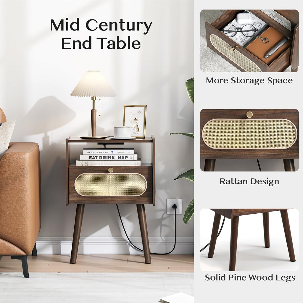 Nightstand Set of 2, Rattan Night Stands with Charging Station, Mid Century Modern Bedside Table with Drawer, Boho Dark Brown End Table with Storage, Wood Side Table for Bedroom, Dark Walnut