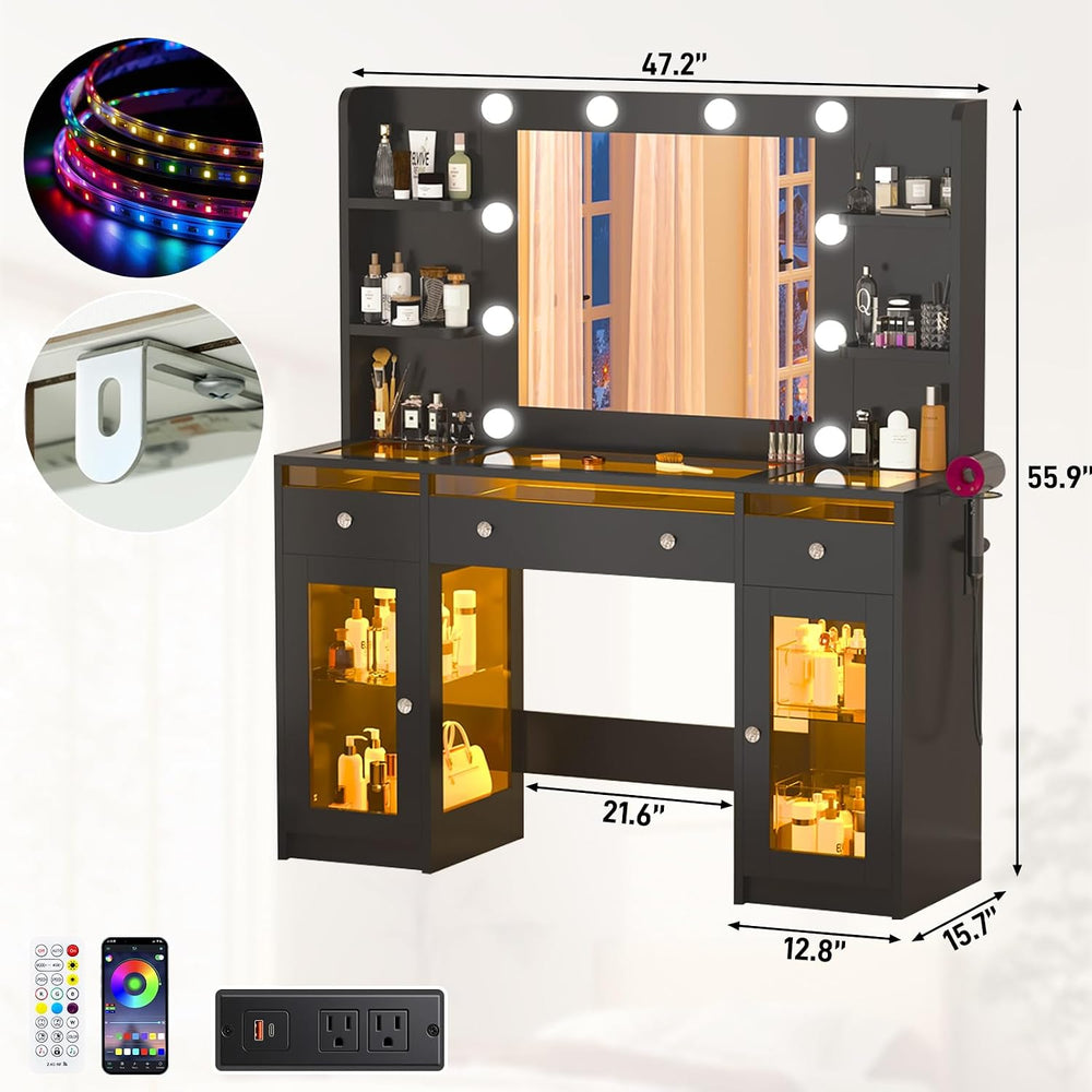 Vanity Desk W/6000-Colors Light&Power Outlet,Makeup Vanity Desk W/LED Mir...