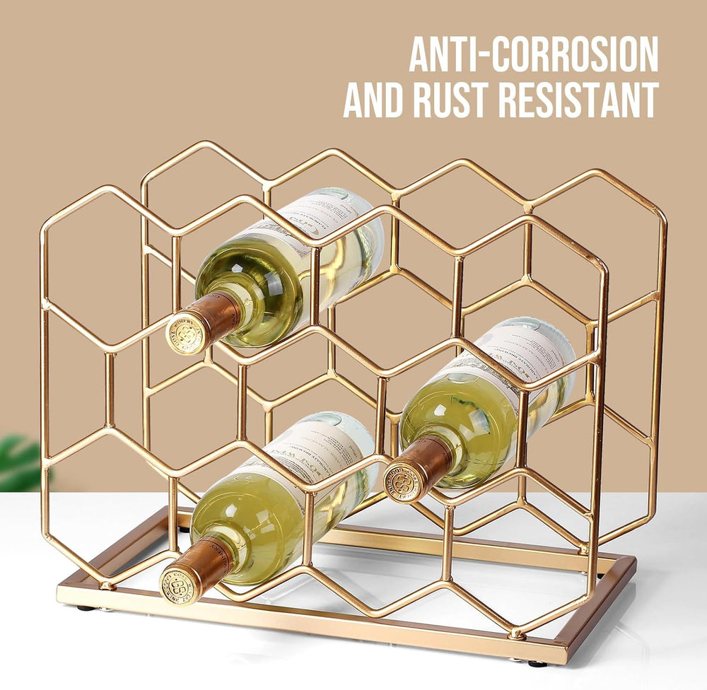 14 Bottle Countertop Wine Rack - Freestanding Modern Gold Metal Wine Rack - T...