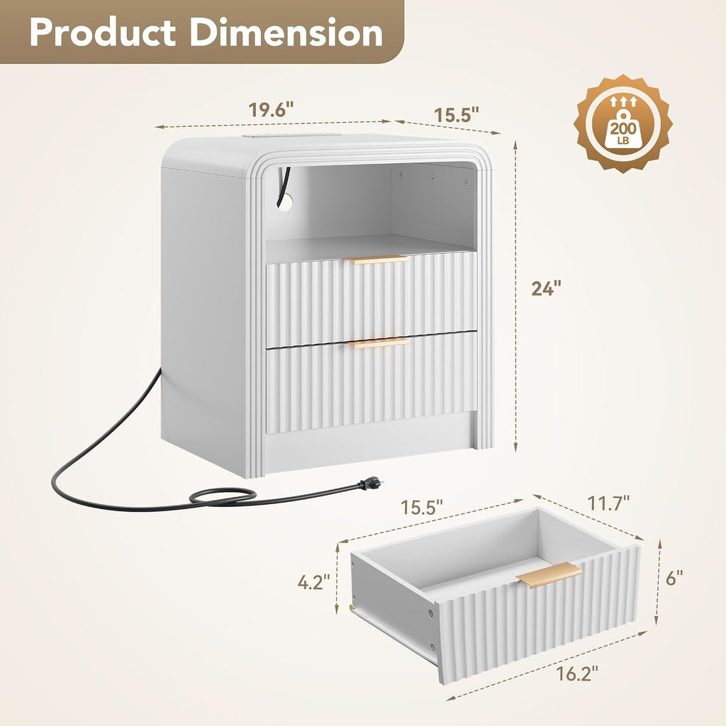 Decofy Fluted 2-Drawer Nightstand Set of 2 with Charging Station, White | Open Shelf, USB and Type C Ports, Curved Profile, Gold Handles, 19.7'' Wood Bedside Table