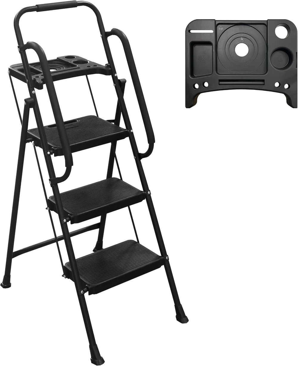 WiberWi 3 Step Ladder with Handrails Folding Step Stool with Tool Plateform, ...
