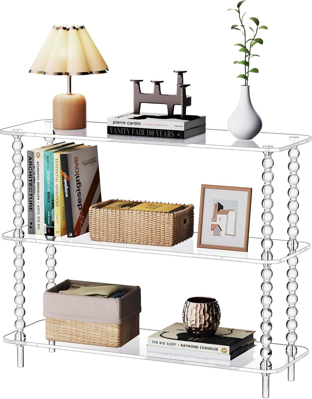Acrylic Clear Console Table for Entryway, 3-Tier Sofa Table Bookshelf, Low Bo...