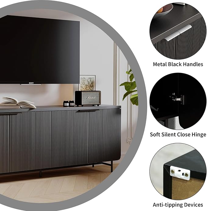 Mid Century Fluted TV Stand for 55-75 inch TV, Black Entertainment Center with Storage, Television Stand, Media Console, Sideboard Cabinet for Living Room, Bedroom