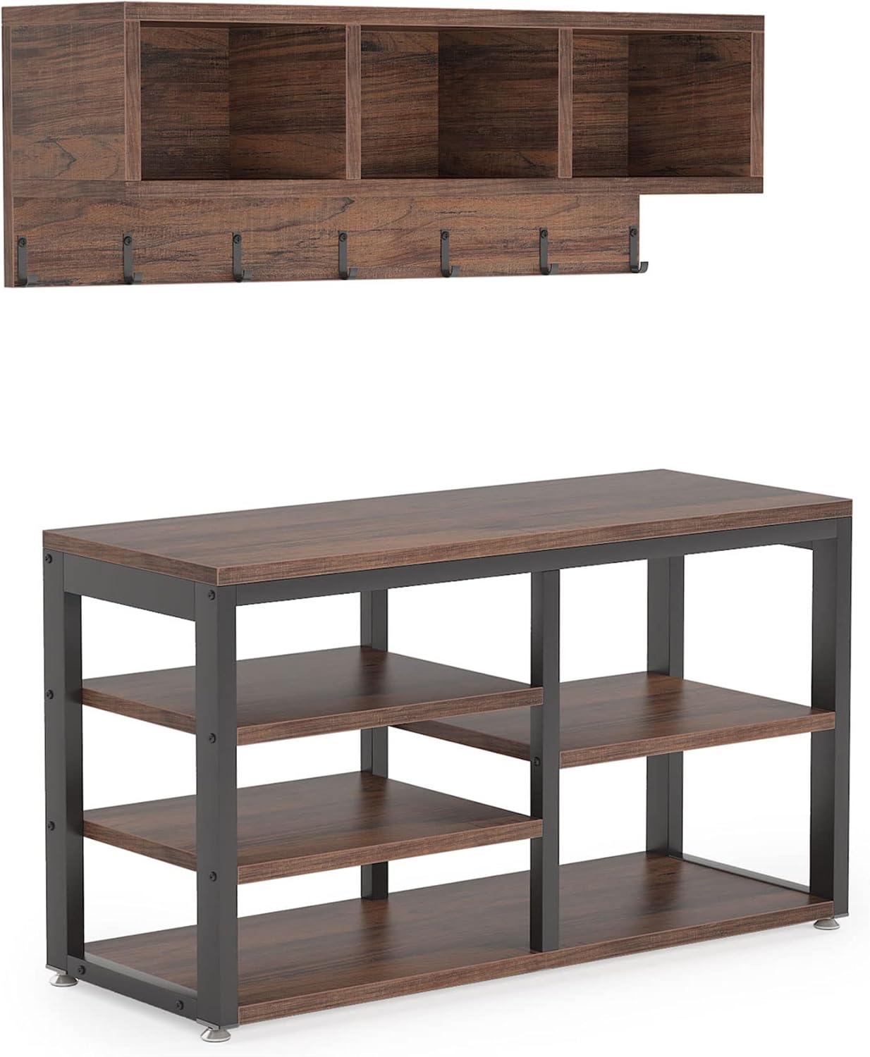 Tribesigns Industrial [Shoe] [Rack] [Bench] with Coat [Rack] Set with Hall Tree, 3 Storage Cubbies, 7 Hooks for Entryway, Hallway, 5-in-1Design, Rustic Brown