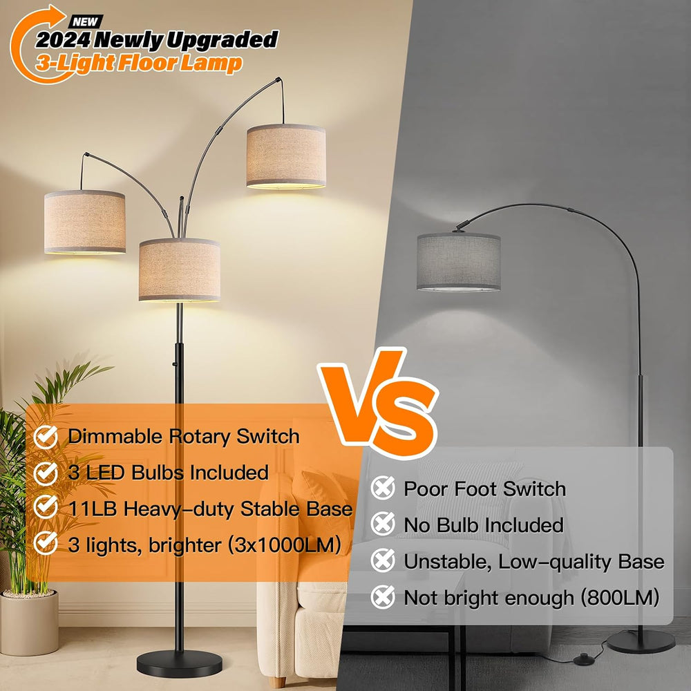 Dimmable 3 Lights Floor Lamp - 3000LM Super Bright Arc Floor Lamps for Living...