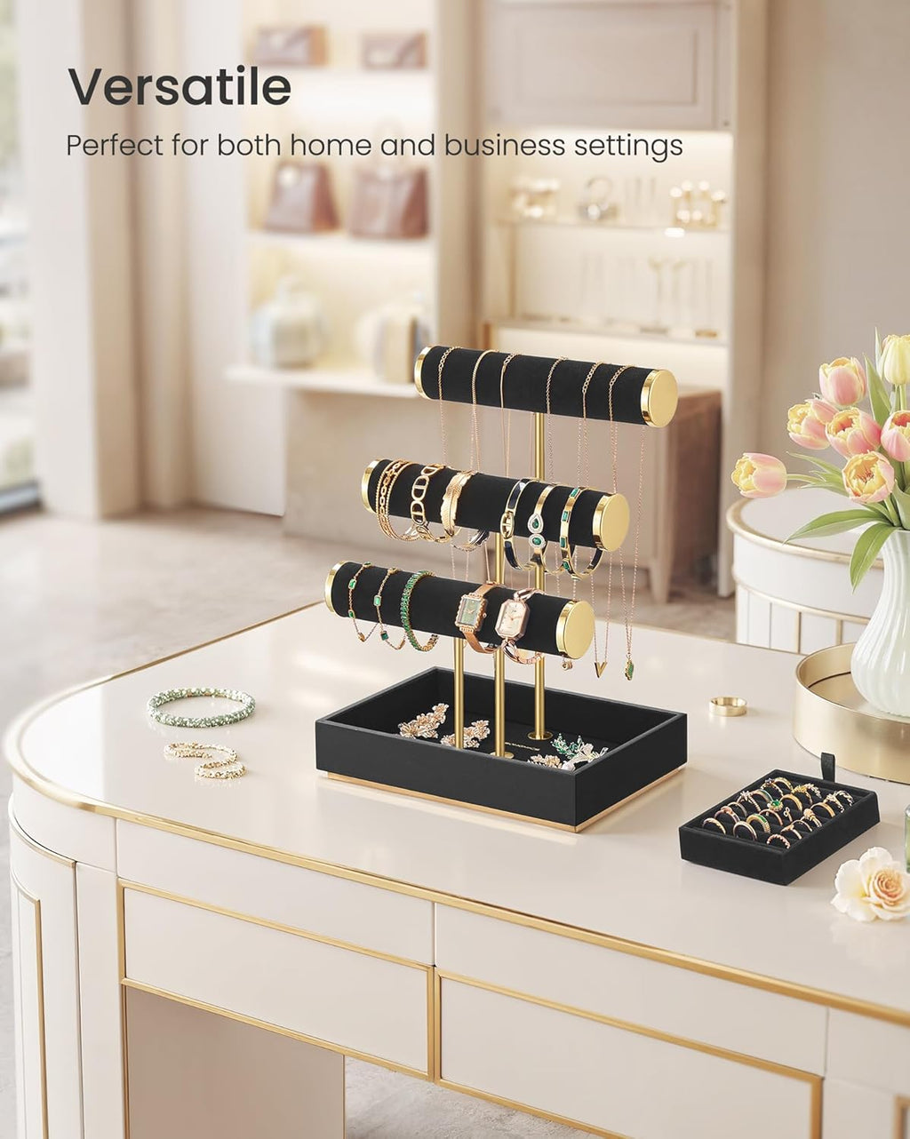 SONGMICS Bracelet Holder Stand, Jewelry Display Stand, Jewelry Organizer, with 3 Tiers and Velvet Tray, Removable Ring Holder, Christmas Gift, Ink Black UJJS027B01