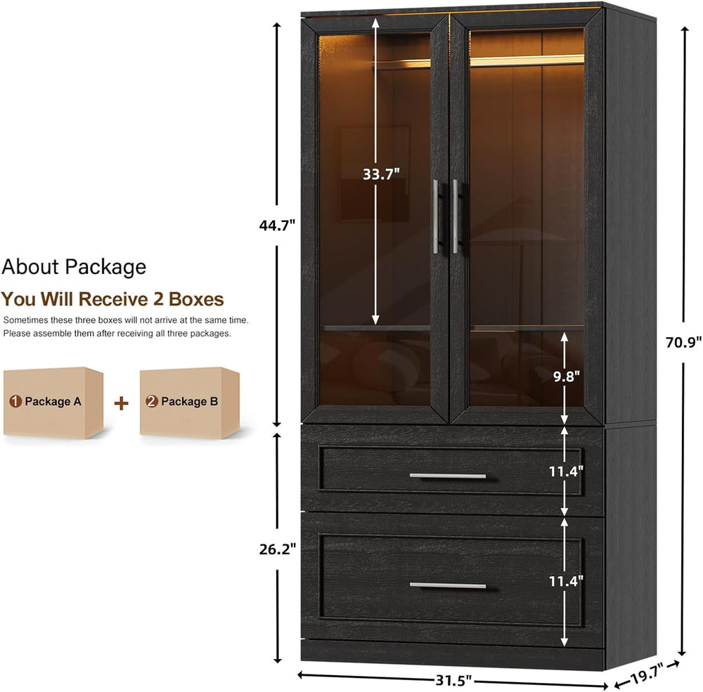PAKASEPT Armoire Wardrobe Closet with Glass Door and Drawers, Bedroom Closet ...