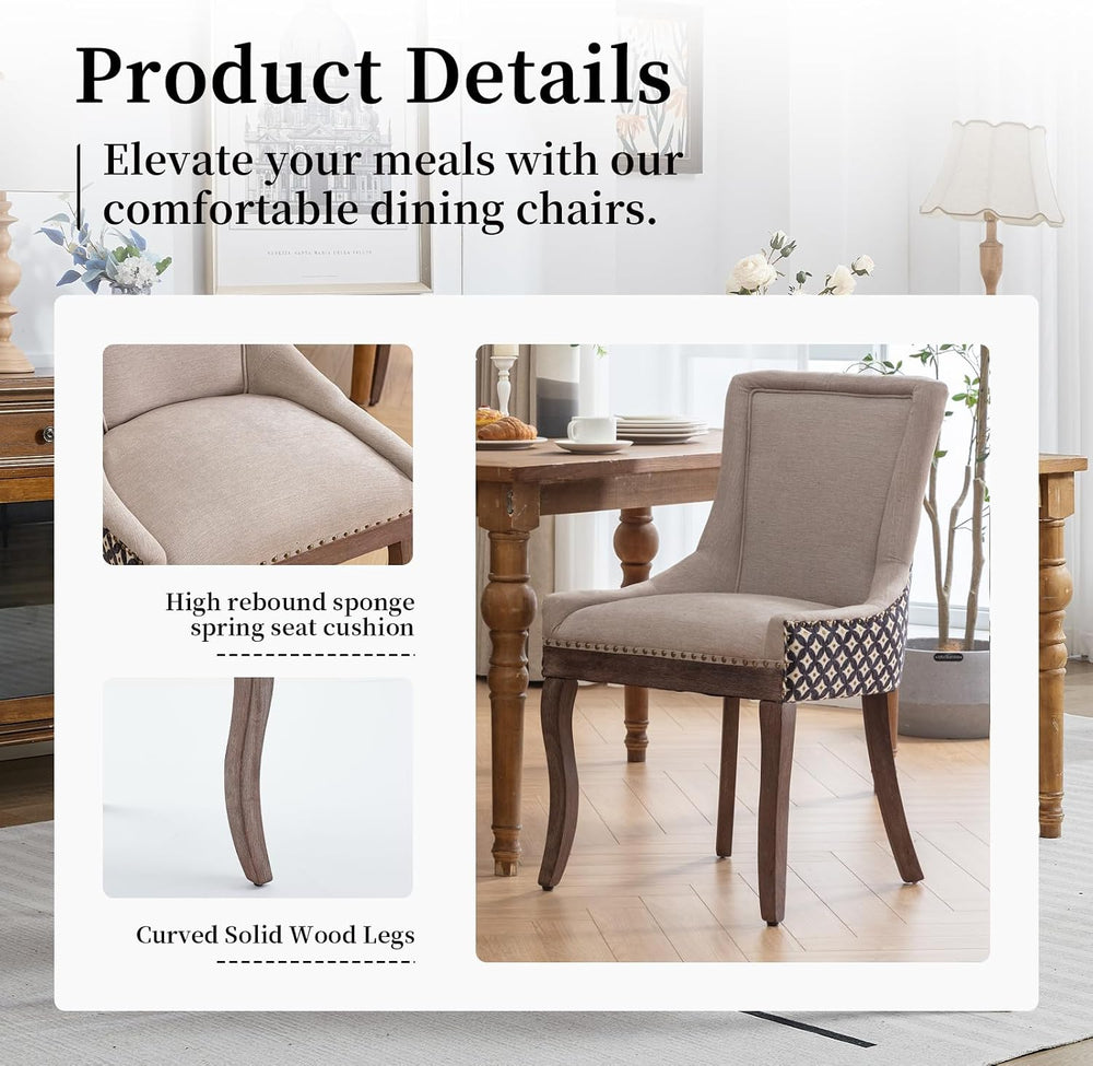 Beige Pattern Upholstered Dining Chairs Set of 4, Farmhouse Kitchen Chairs | ...