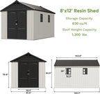 Patiowell 8x12 FT Outdoor Storage Shed, Plastic Shed Resin Garden Shed with Floor & Window & Lockable Door for Patio Furniture, Backyard Tools, Bicycles & Lawnmower, Beige
