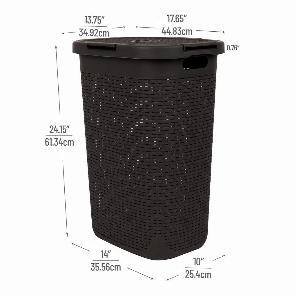 Mind Reader Slim Laundry Hamper with Lid, 60L Clothes Basket, Premium Wicker Design, Plastic, Brown