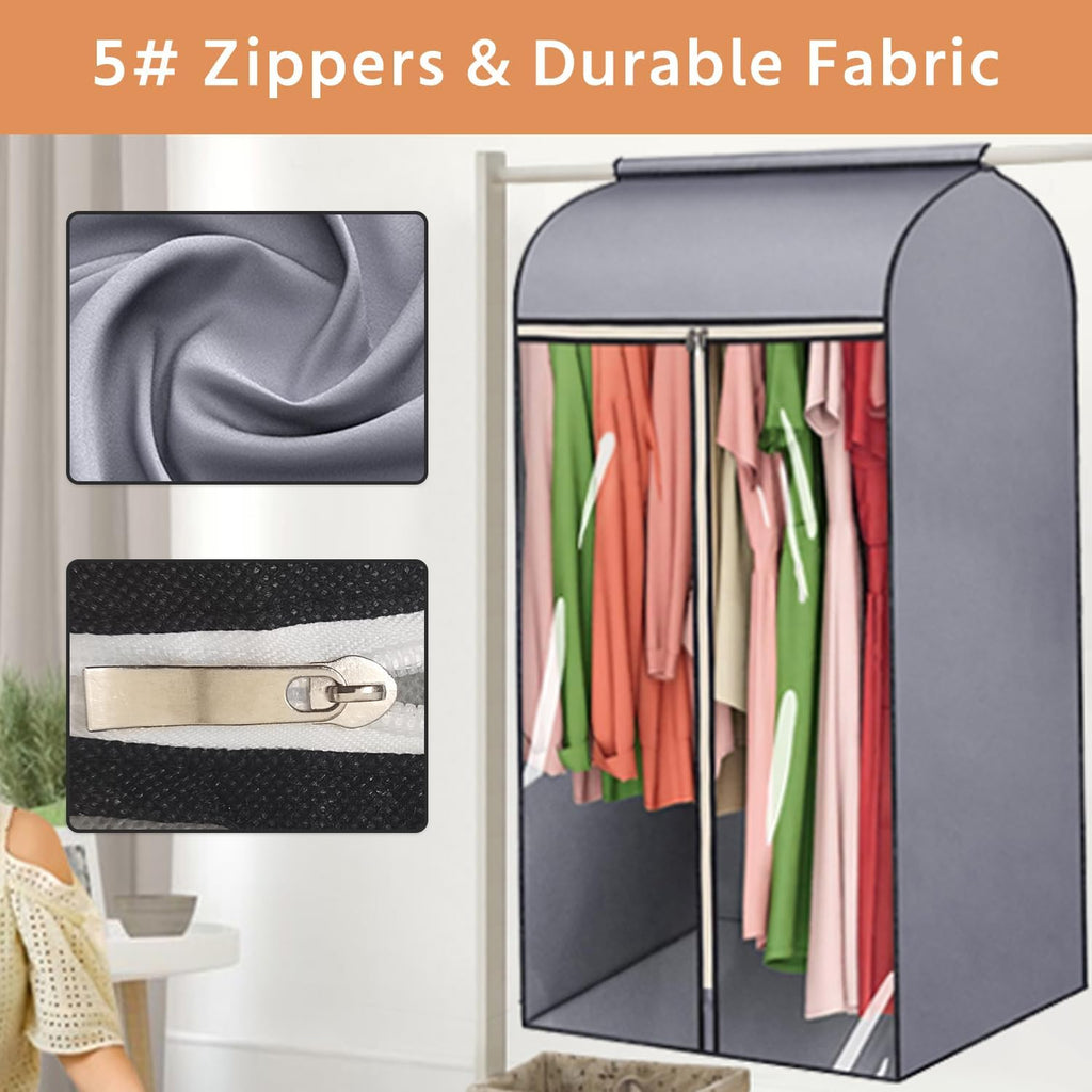 45'' Hanging Garment Bags for Closet Storage Sealed Completely Jackets Coats Suits Clothes Rack Cover for Wardrobe with Clear PVC Window and 3 Zippers Opening