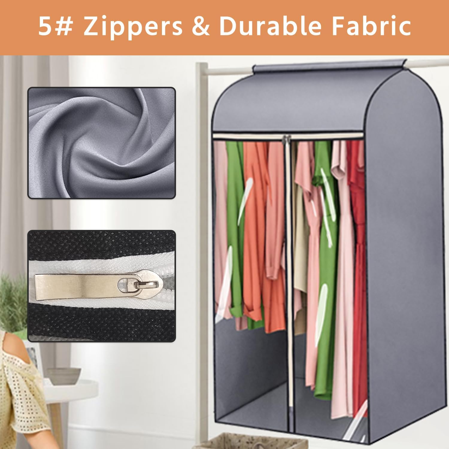 45'' Hanging Garment Bags for Closet Storage Sealed Completely Jackets Coats Suits Clothes Rack Cover for Wardrobe with Clear PVC Window and 3 Zippers Opening