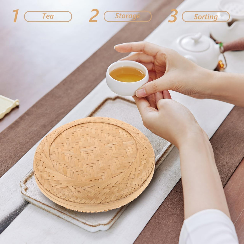 BESTOYARD Bamboo Tea Cake Box, 8.46x8.46x2.16in Woven Storage Organizer for Puerh Tea, Traditional Chest for Home & Kitchen