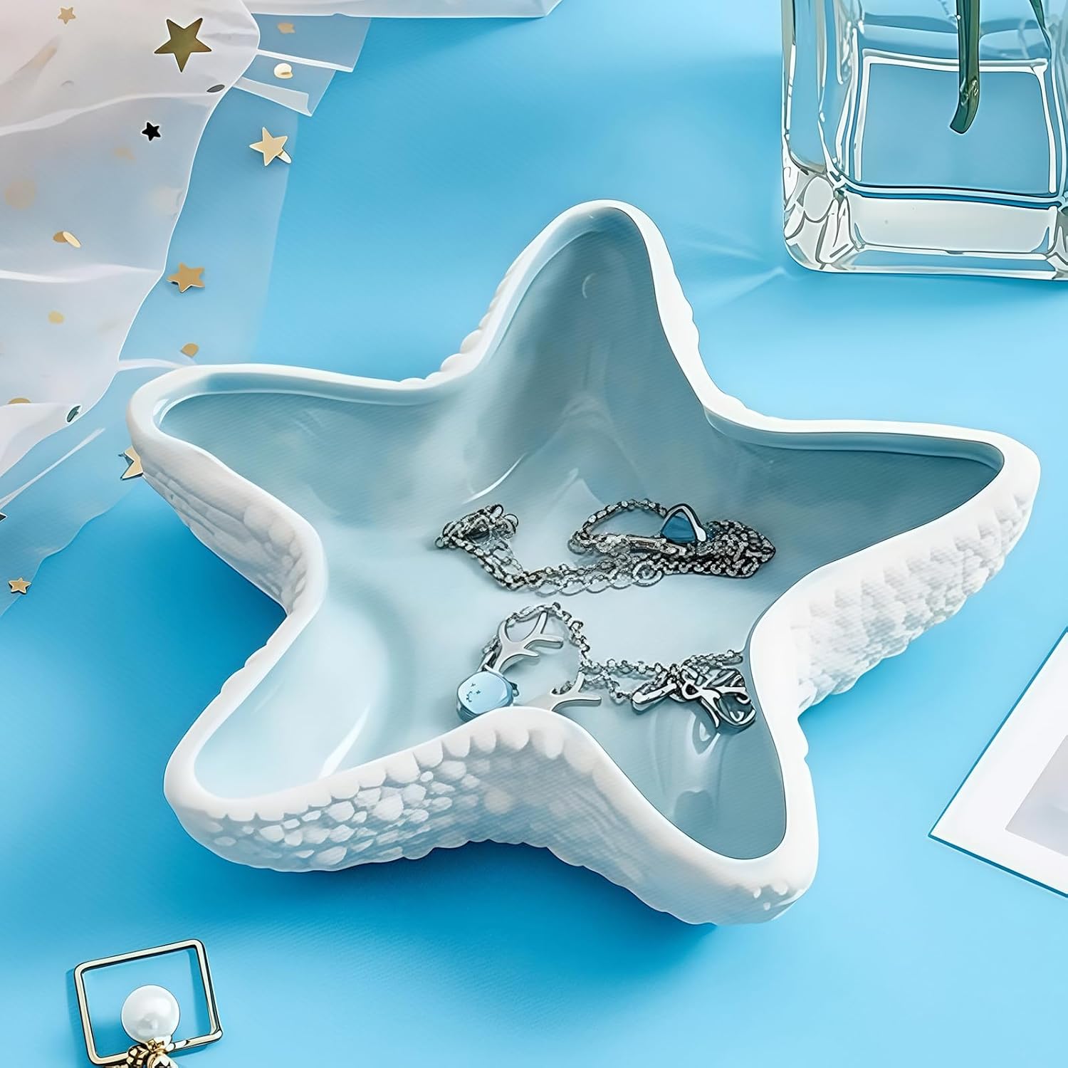 Starfish Ceramic Jewelry Tray, Ocean Themed Trinket Holder for Jewelry Storage, Beachy StDecorative Trinket Ring Dish, Suitable for Mother Friend Sister, Gifts for Women, Home Decor(Sea Blue)