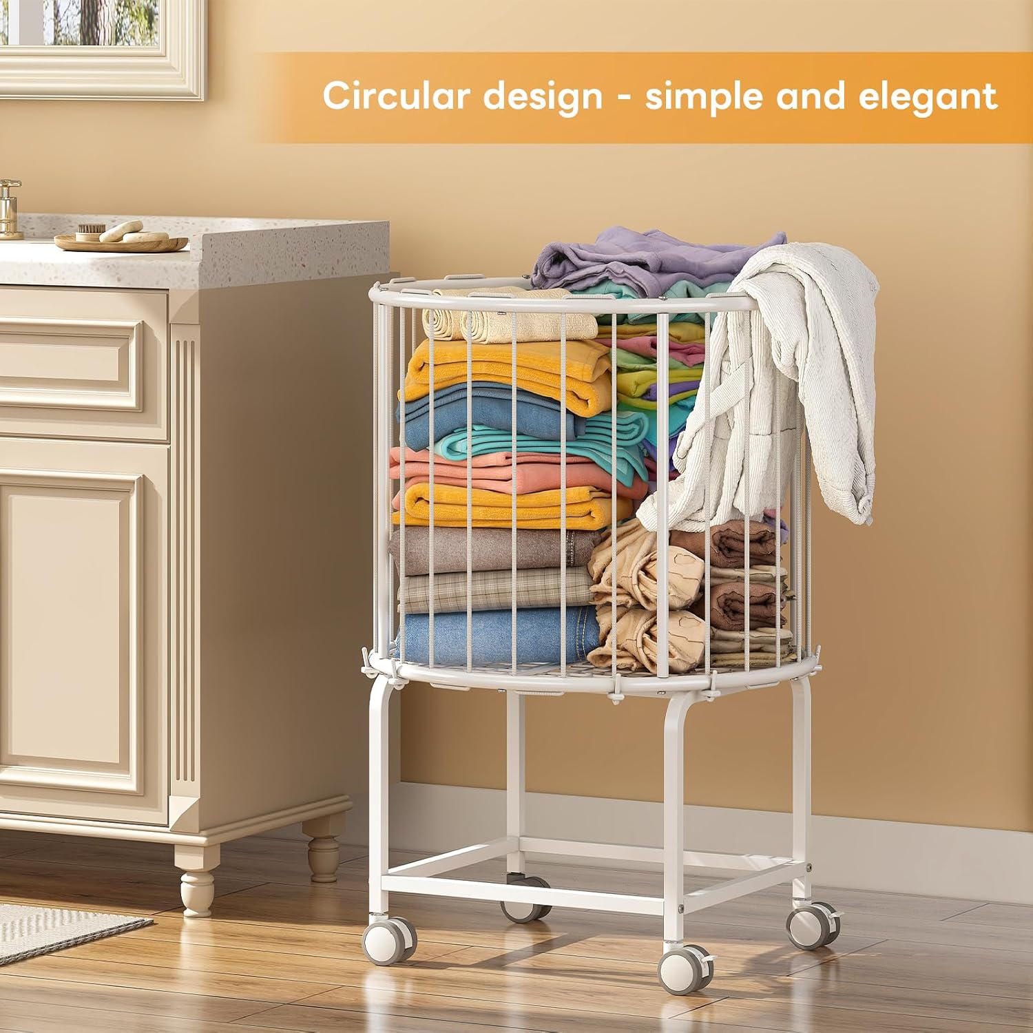 29-Gallon(110 L) Laundry Cart with Wheels,Rolling Round Metal Laundry Basket Cart with Elastic Cord,2 Locking Wheels-White