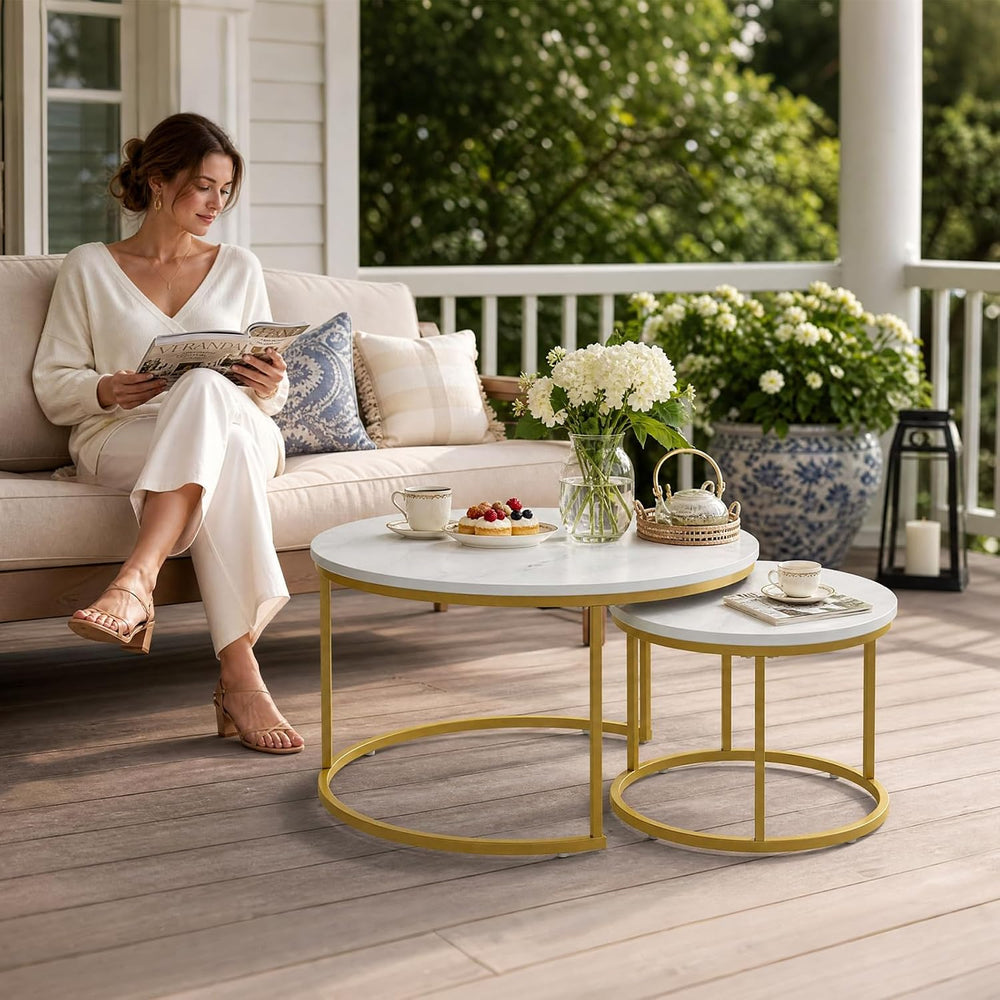 White Round Nesting Coffee Table Set of 2, Marble Pattern Top with Gold Metal...
