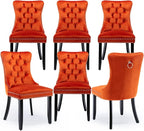 Velvet Upholstered Dining Chairs Set of 6, Modern Style Kitchen Side Chairs with Nailhead Trim and Wood Legs,Metal Pulling Ring for Dining Room Living Room(Orange,Set of 6)