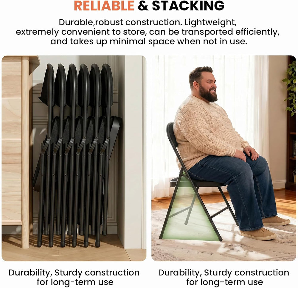 6 Pack Black Folding Chairs with Fabric Padded Cushion and Back | Comfortable...