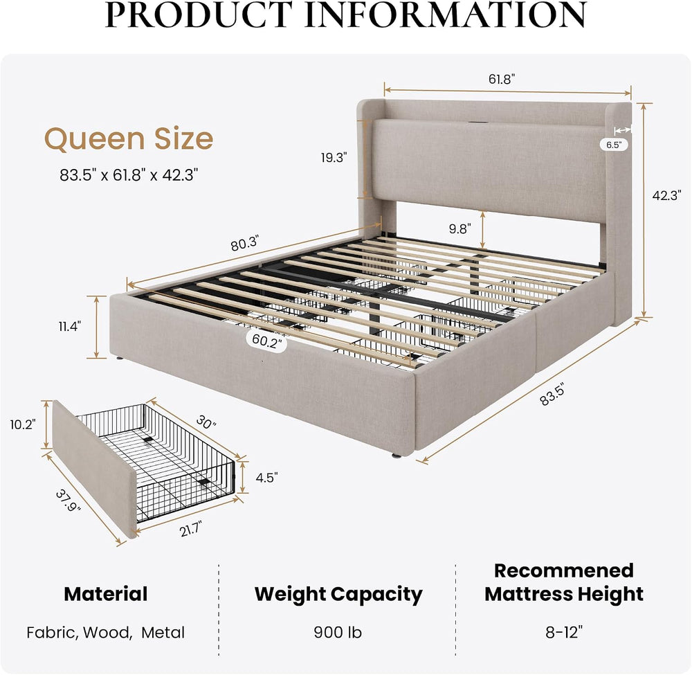 SHA CERLIN Queen Size Storage Bed Frame with 4 Oversized Drawers, Modern Wing...