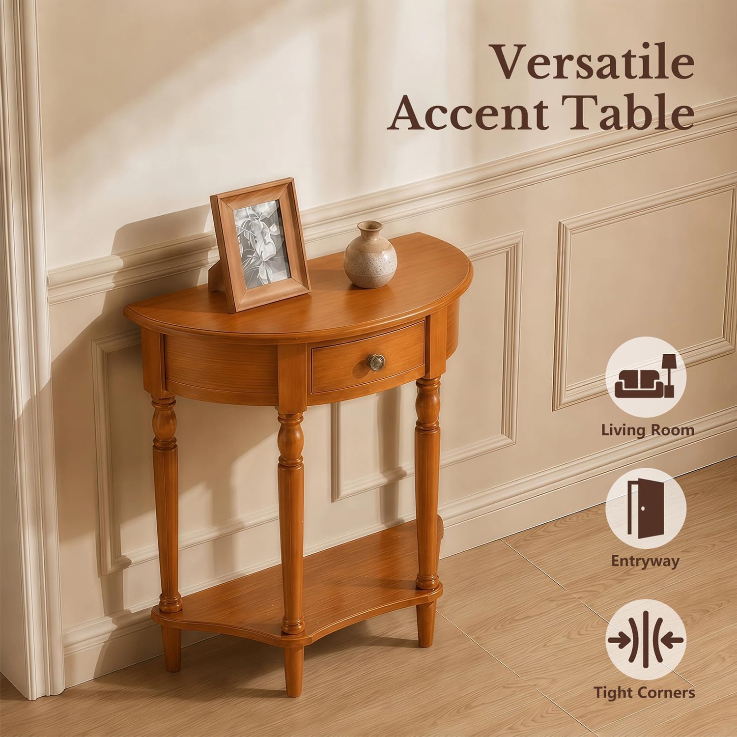 Half Moon Console Table - Solid Wood Vintage Half Round Foyer Table with Drawer and Shelf, Narrow Accent Table for Entryway, Hallway, Living Room and Small Spaces, (Brown, 23.6" W)