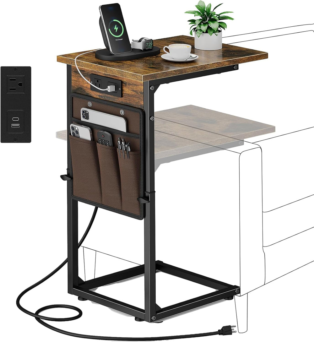Vagusicc C Shaped End Table with Charging Station, Adjustable Height Side Tab...