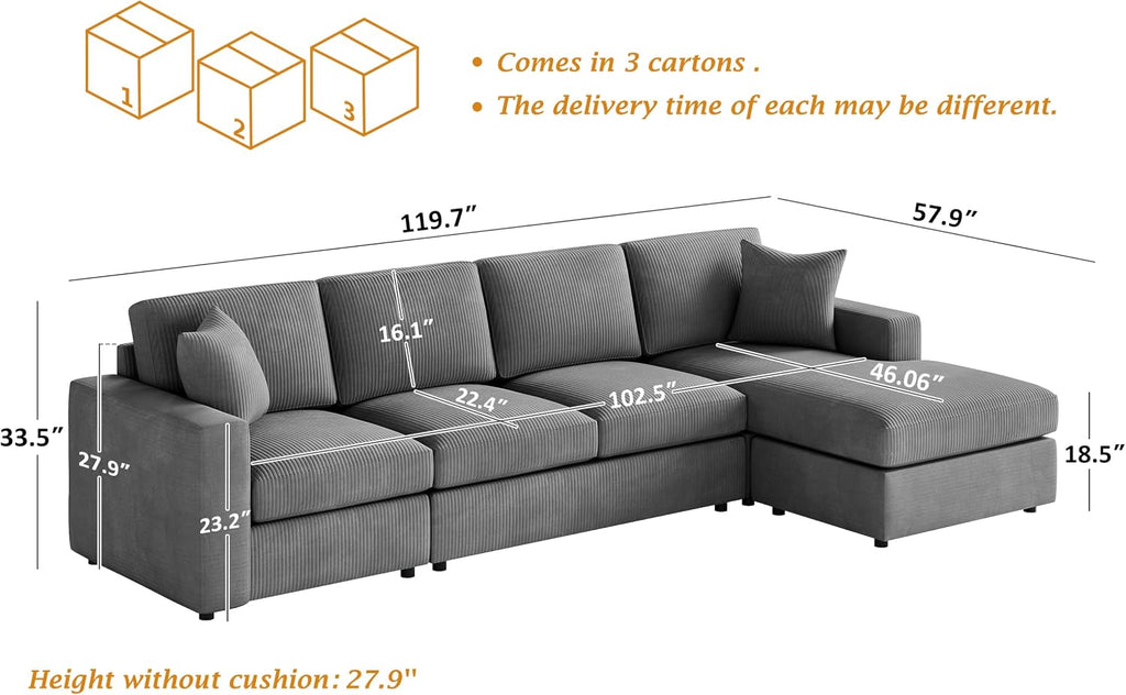 119" L-Shaped Sectional Sofa with Reversible Chaise, Modern Corduroy Couch with Deep Seats, 4-Seater Upholstered Sofa for Living Room or Apartment, Dark Grey