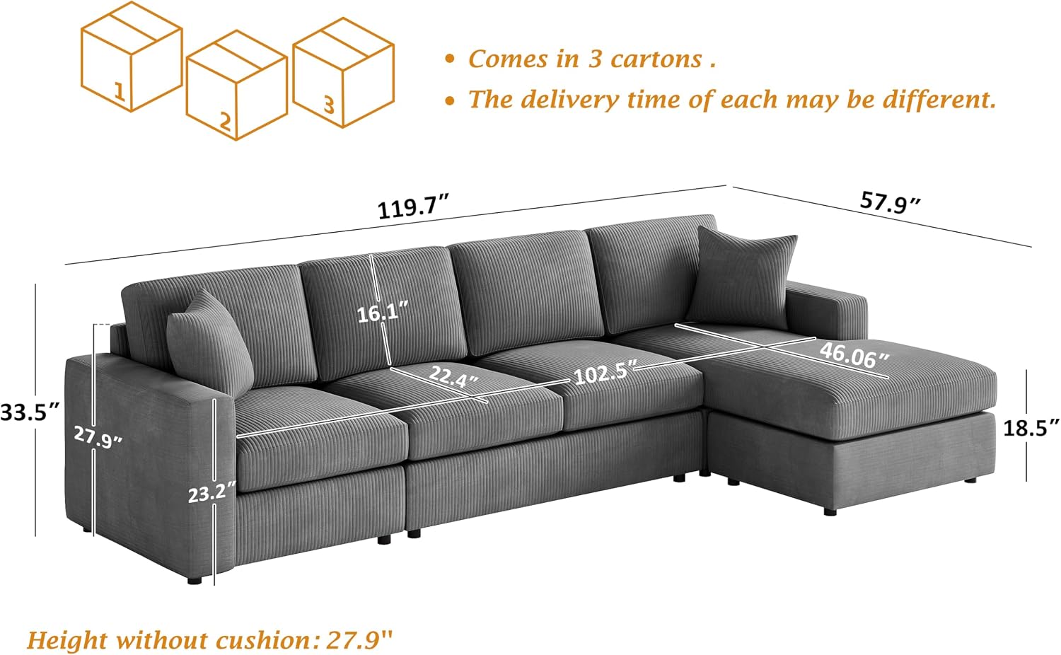 119" L-Shaped Sectional Sofa with Reversible Chaise, Modern Corduroy Couch with Deep Seats, 4-Seater Upholstered Sofa for Living Room or Apartment, Dark Grey