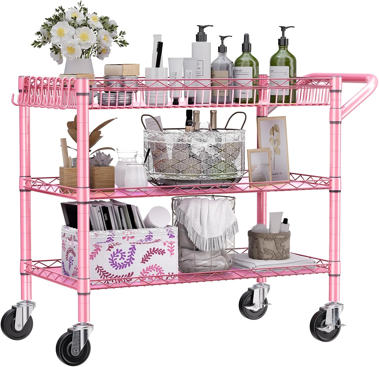 NTE Utility Cart with Wheels, 990lbs Capacity Metal 3 Tier Rolling Carts, NSF Kitchen Carts On Wheels with Storage, Heavy Duty Utility Cart with Handle & Wire Shelf for Indoor & Outdoor Use, Pink